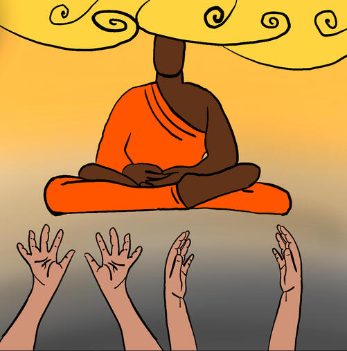 A drawing of a brown monk rising to the clouds with hands coming from the darkness trying to bring him down